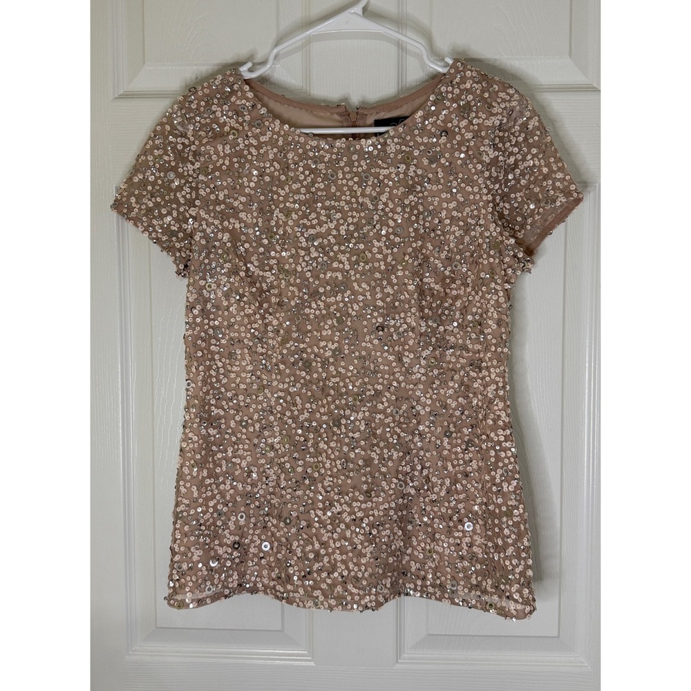Adrianna Papell Sequin Top Womens 10 Champagne Rose Gold Short Sleeve Sparkle